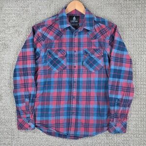 Kryptek Mens Medium Red Blue Plaid Flannel Snap Button Western Shirt
